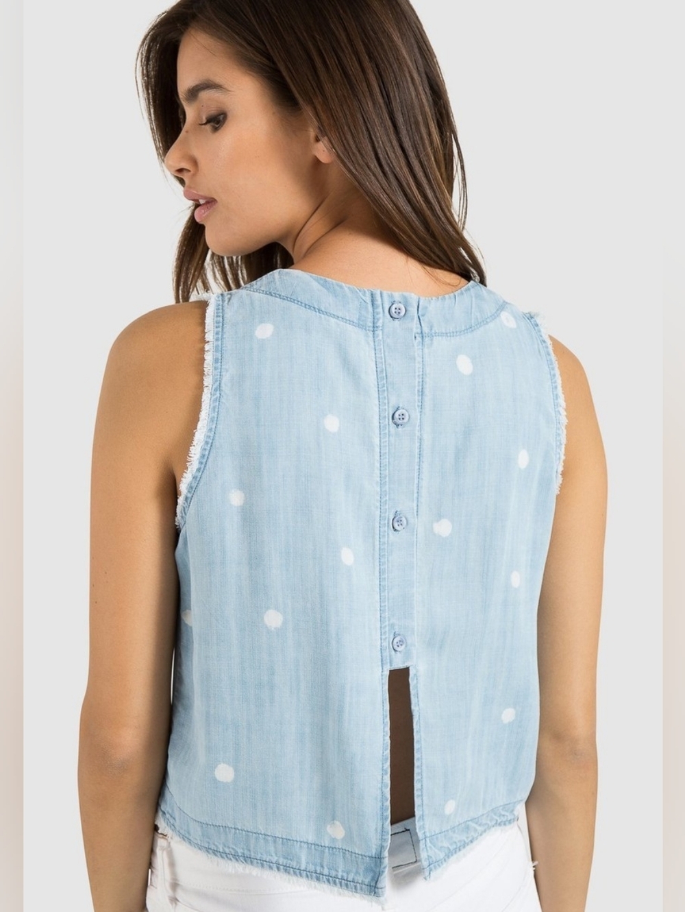 Gianni Bini Light Blue Polka Dot Sleeveless Button-Back Top Sz L